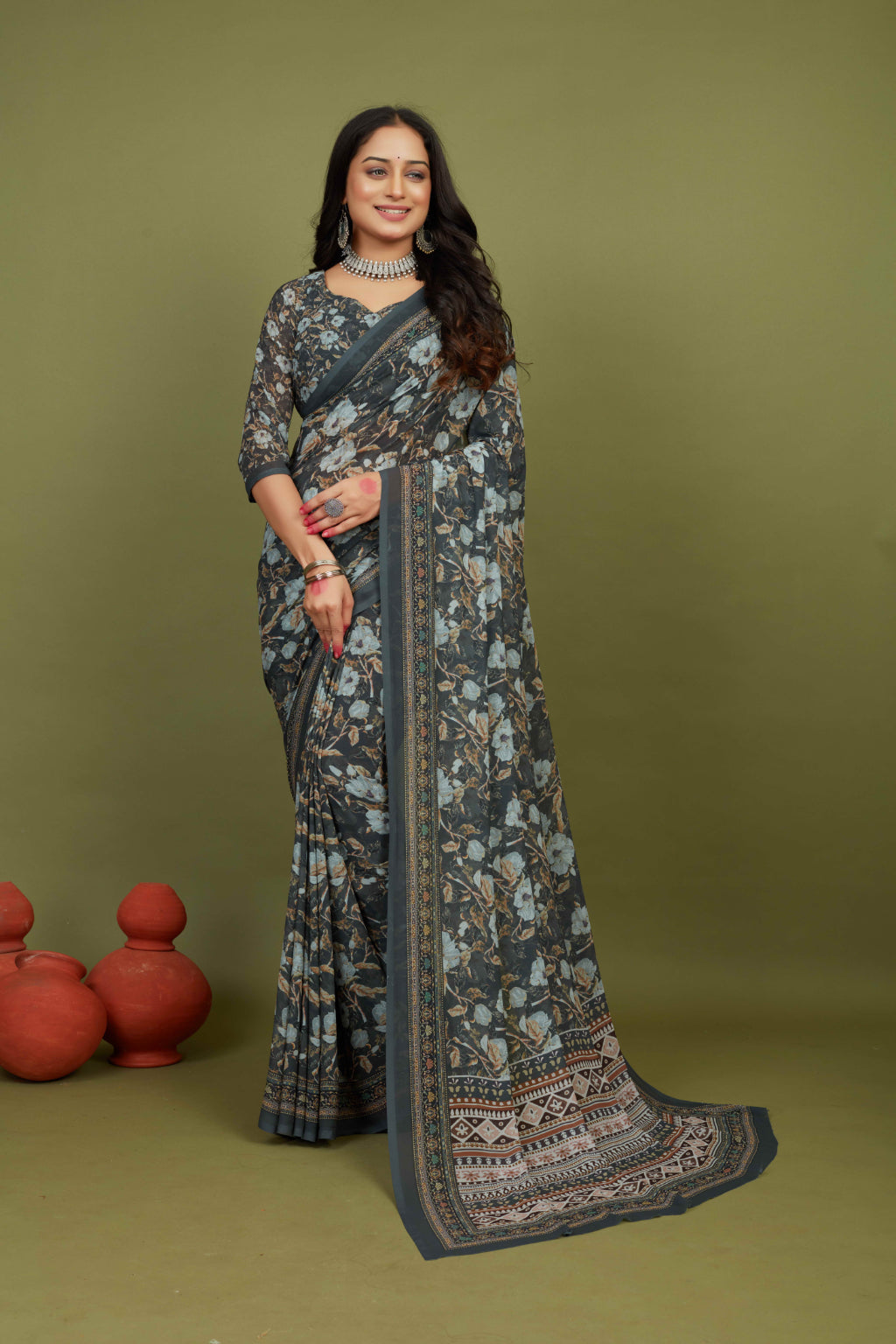 Grey Georgette Floral Print Saree