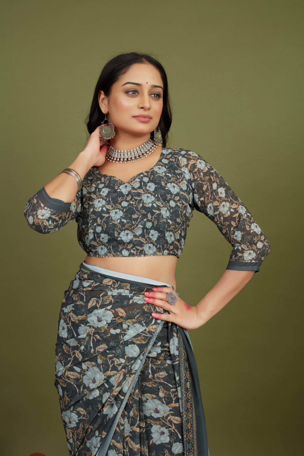 Grey Georgette Floral Print Saree