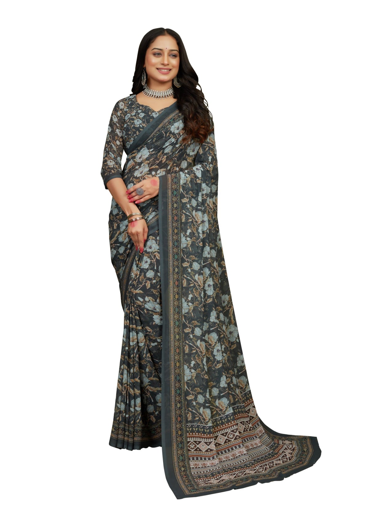 Grey Georgette Floral Print Saree