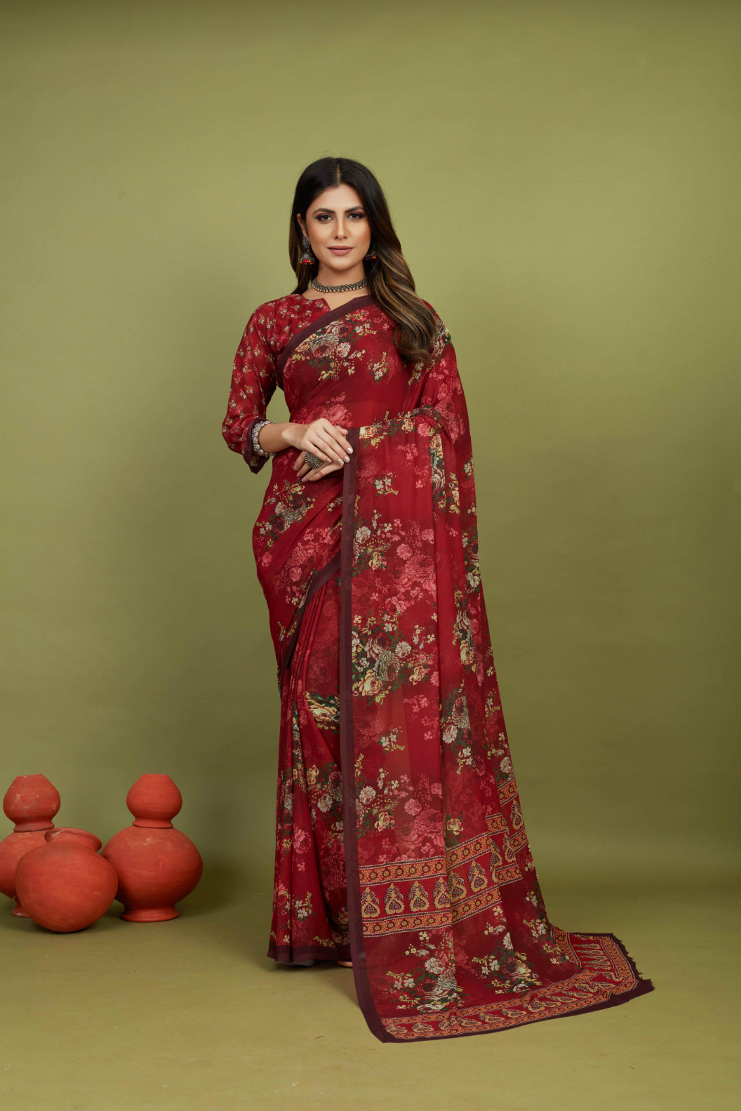 Red Georgette Floral Print Saree