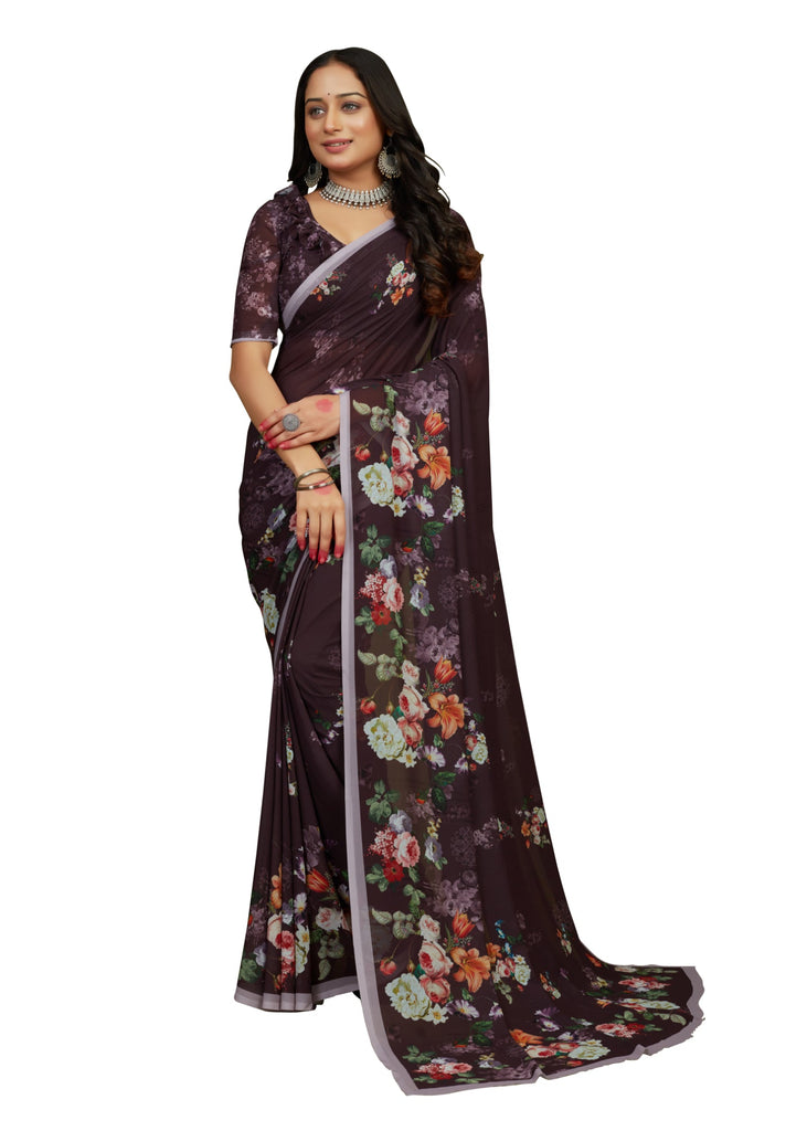 Traditional Ethnicwear Seal Brown Georgette Floral Print Saree