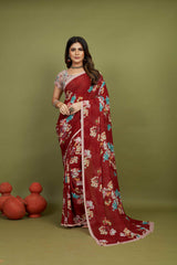 Red Georgette Floral Print Saree