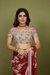 Red Georgette Floral Print Saree