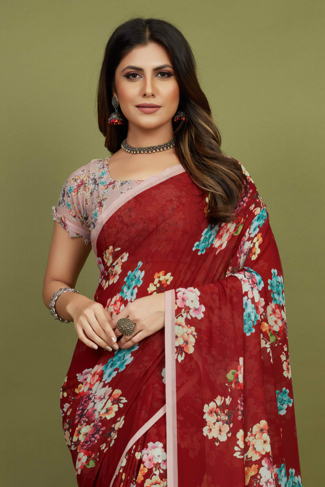 Red Georgette Floral Print Saree