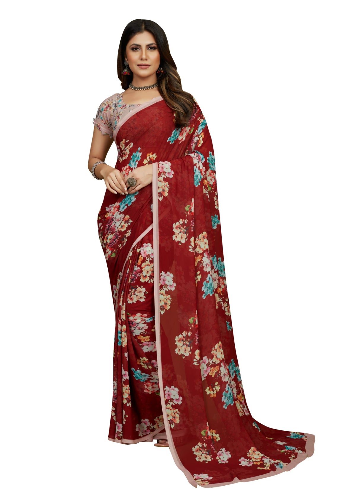 Red Georgette Floral Print Saree