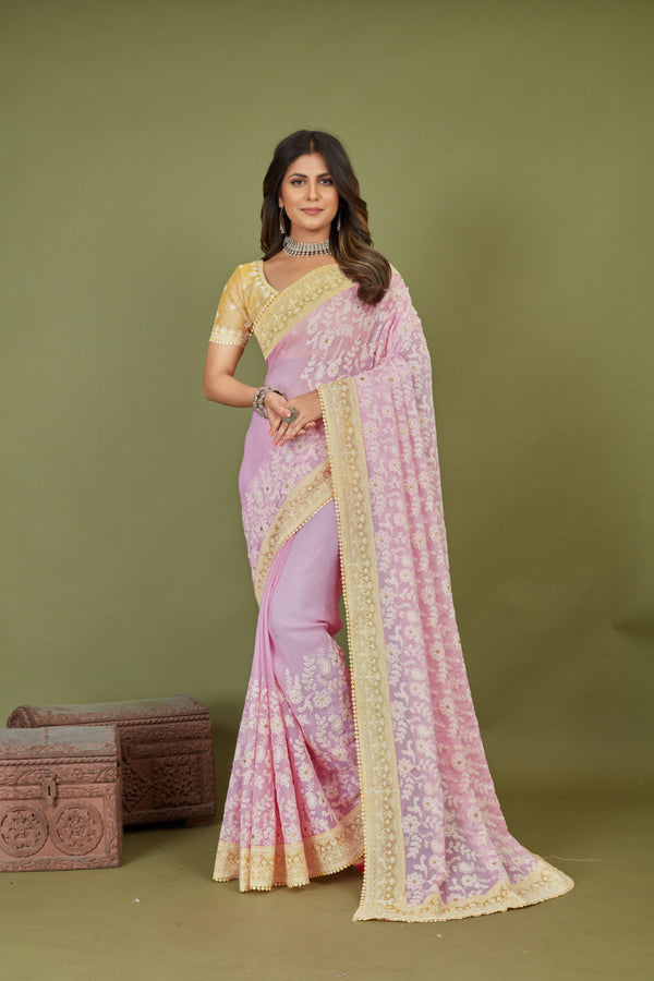 Traditional Ethnicwear Baby Pink Chiffon Embroidery Work Saree