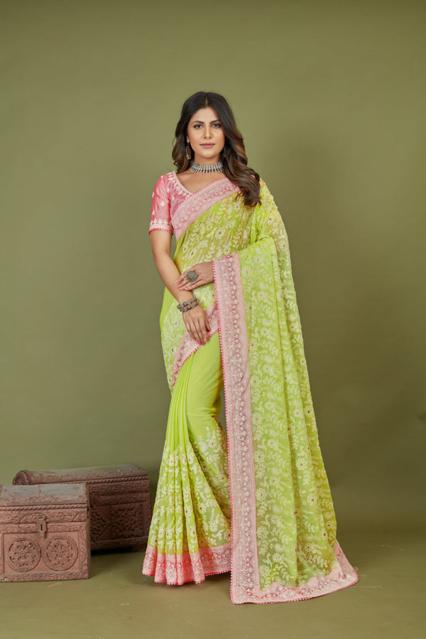 Traditional Ethnicwear Olive Green Chiffon Embroidery Work Saree
