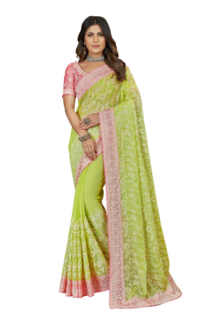 Traditional Ethnicwear Olive Green Chiffon Embroidery Work Saree