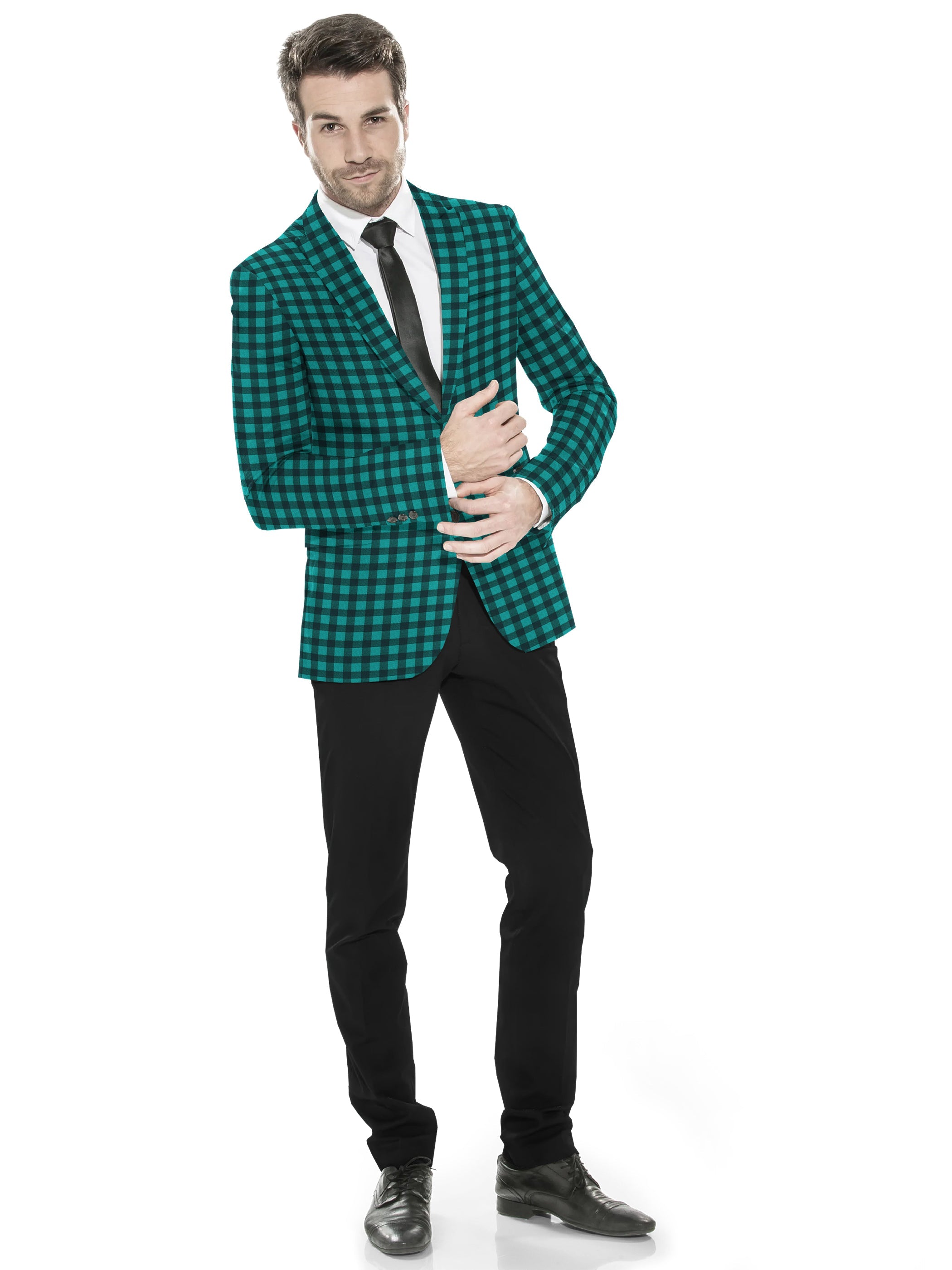 Teal Men's Two Button Dress Party Checks Print Suit Jacket Notched Lapel Slim Fit Stylish Blazer