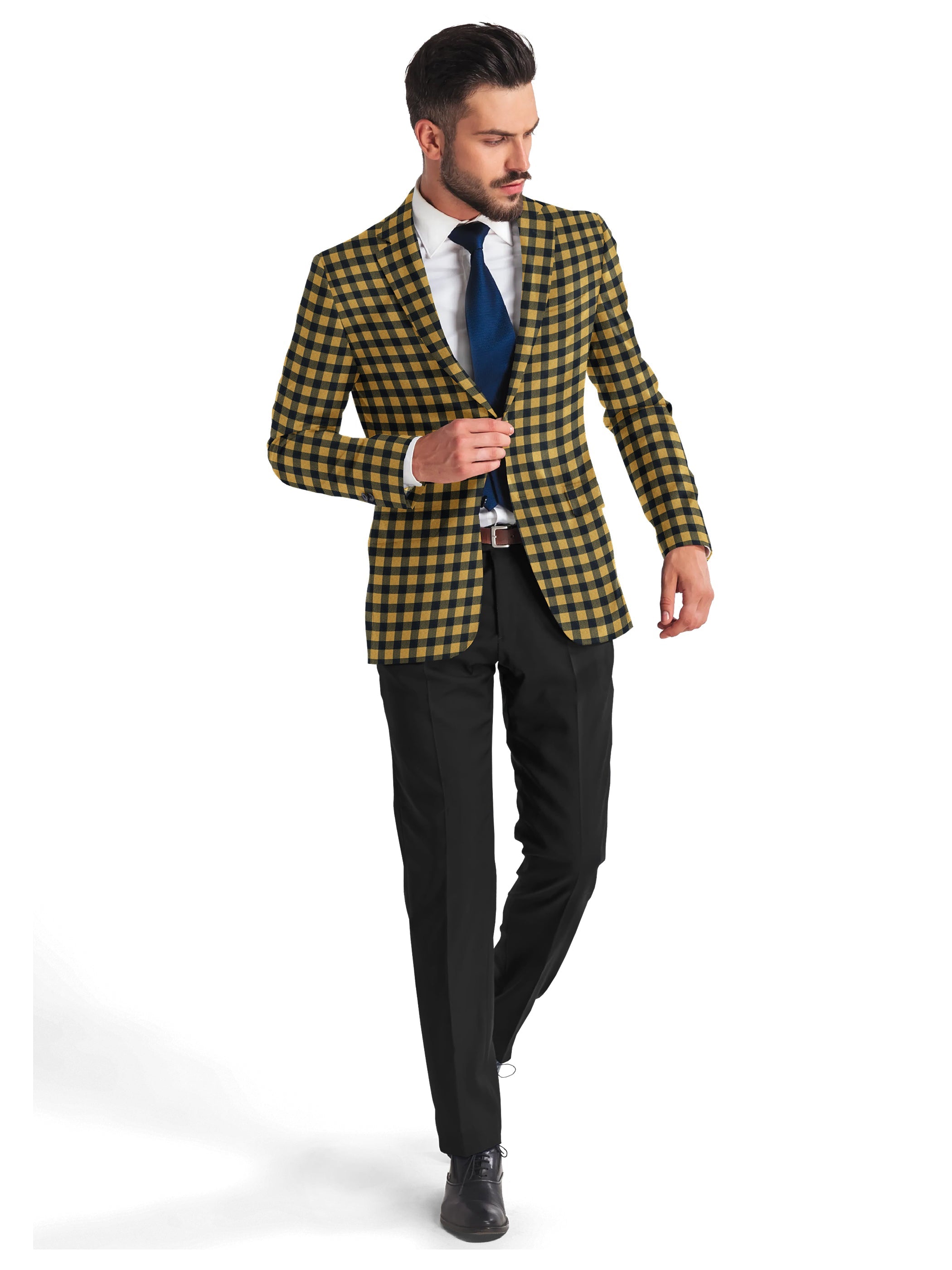 Veste de costume jaune à deux boutons pour homme, imprimé à carreaux, revers crantés, coupe slim, blazer élégant