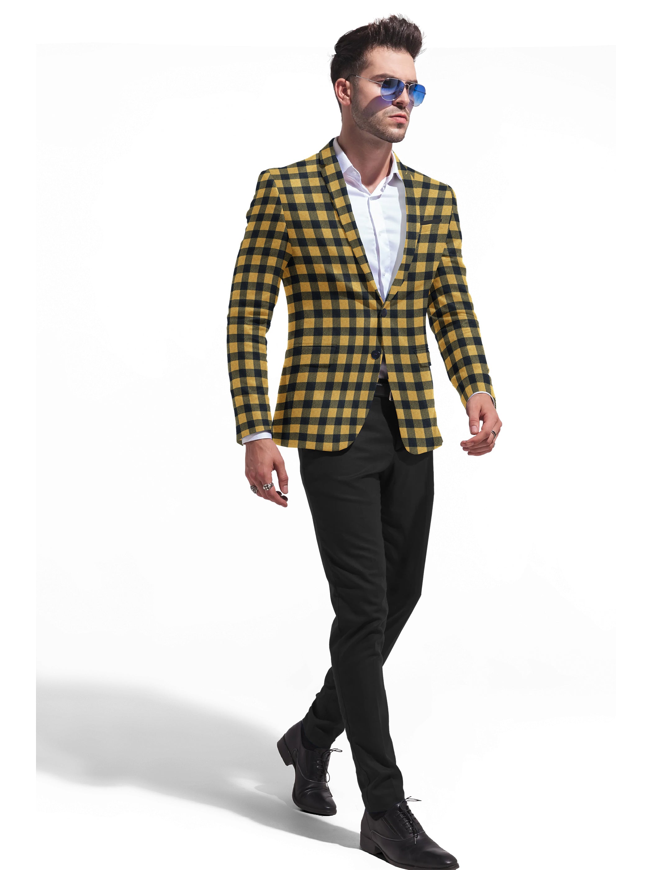 Veste de costume jaune à deux boutons pour homme, imprimé à carreaux, revers crantés, coupe slim, blazer élégant