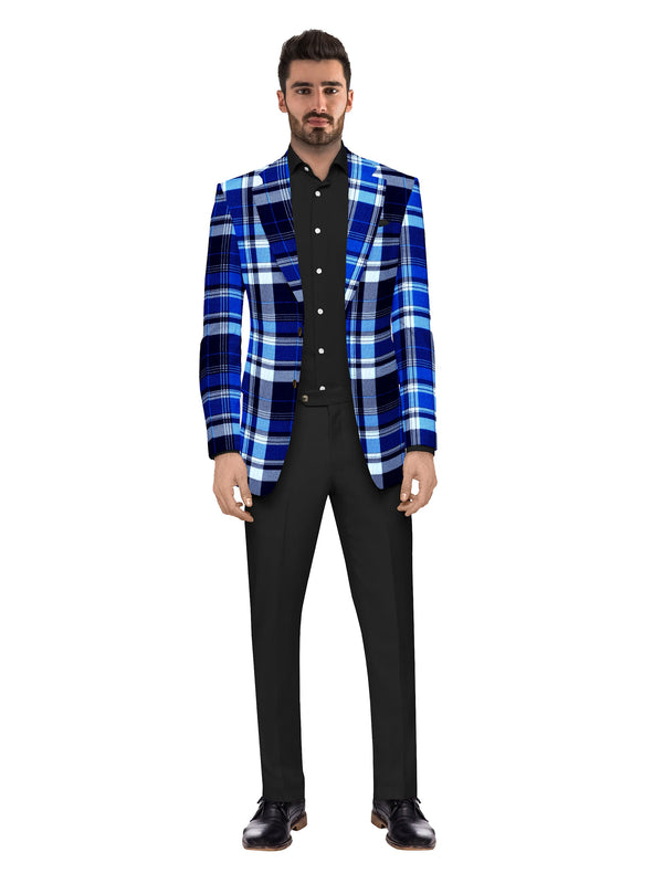 Royal Blue Men's Two Button Dress Party Checks Print Suit Jacket Notched Lapel Slim Fit Stylish Blazer