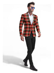 Red Men's Two Button Dress Party Checks Print Suit Jacket Notched Lapel Slim Fit Stylish Blazer