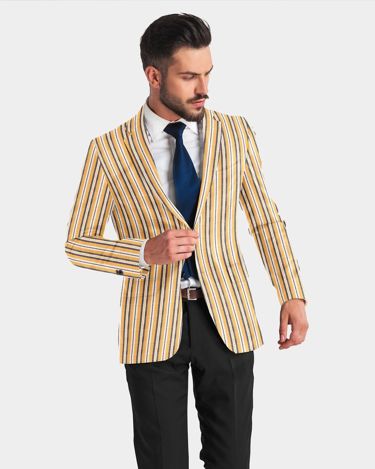 Yellow Men's Two Button Dress Party Stripe Print Suit Jacket Notched Lapel Slim Fit Stylish Blazer