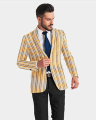 Yellow Men's Two Button Dress Party Stripe Print Suit Jacket Notched Lapel Slim Fit Stylish Blazer