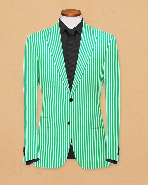 Green Men's Two Button Dress Party Stripe Print Suit Jacket Notched Lapel Slim Fit Stylish Blazer