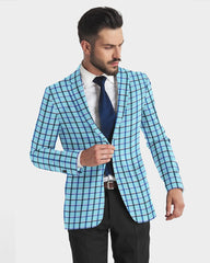 Sky Blue Men's Two Button Dress Party Checks Print Suit Jacket Notched Lapel Slim Fit Stylish Blazer