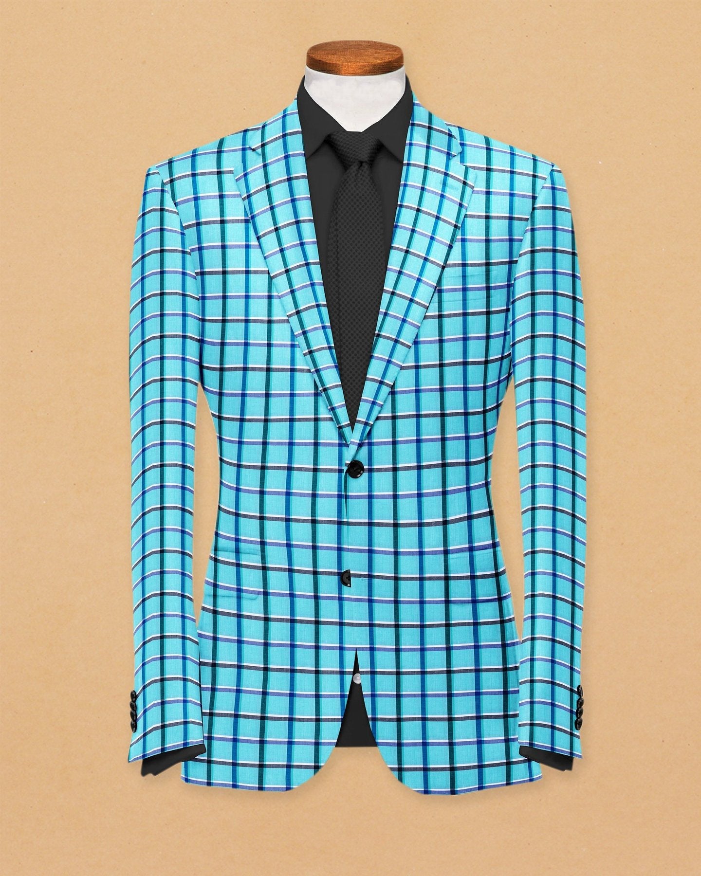 Sky Blue Men's Two Button Dress Party Checks Print Suit Jacket Notched Lapel Slim Fit Stylish Blazer