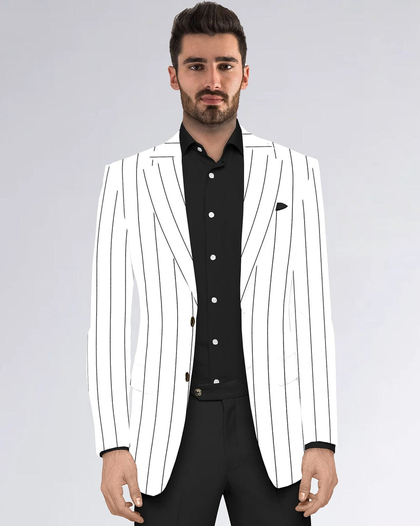 White Men's Two Button Dress Party Stripe Print Suit Jacket Notched Lapel Slim Fit Stylish Blazer