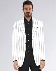 White Men's Two Button Dress Party Stripe Print Suit Jacket Notched Lapel Slim Fit Stylish Blazer