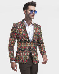 Multi Men's Two Button Dress Party Kalamkari Print Suit Jacket Notched Lapel Slim Fit Stylish Blazer