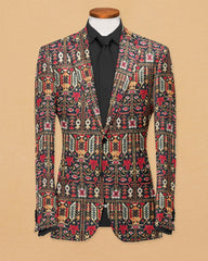 Multi Men's Two Button Dress Party Kalamkari Print Suit Jacket Notched Lapel Slim Fit Stylish Blazer