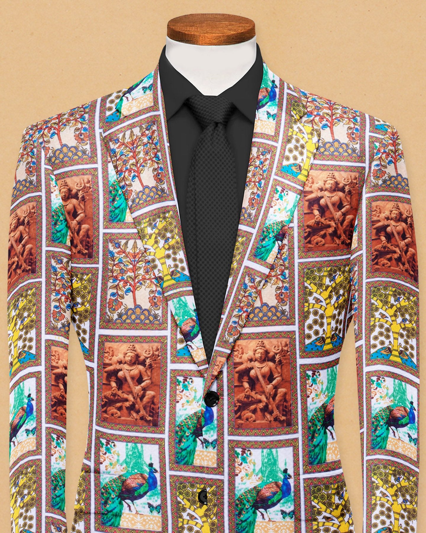 Multi Men's Two Button Dress Party Peacock Print Suit Jacket Notched Lapel Slim Fit Stylish Blazer