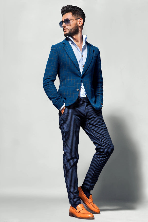 Blue Men's Two Button Dress Party Checks Print Suit Jacket Notched Lapel Slim Fit Stylish Blazer