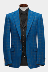 Blue Men's Two Button Dress Party Checks Print Suit Jacket Notched Lapel Slim Fit Stylish Blazer