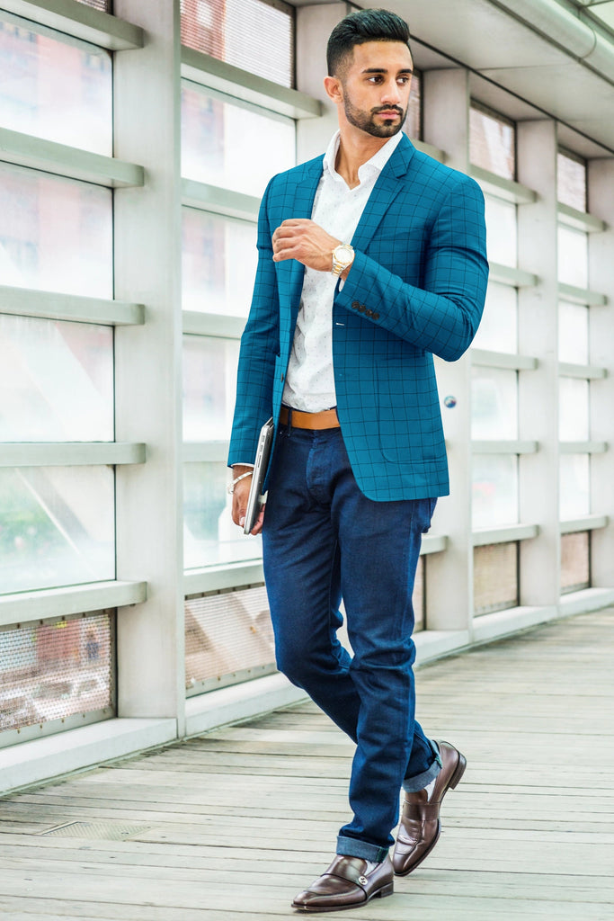 Turquoise Men's Two Button Dress Party Checks Print Suit