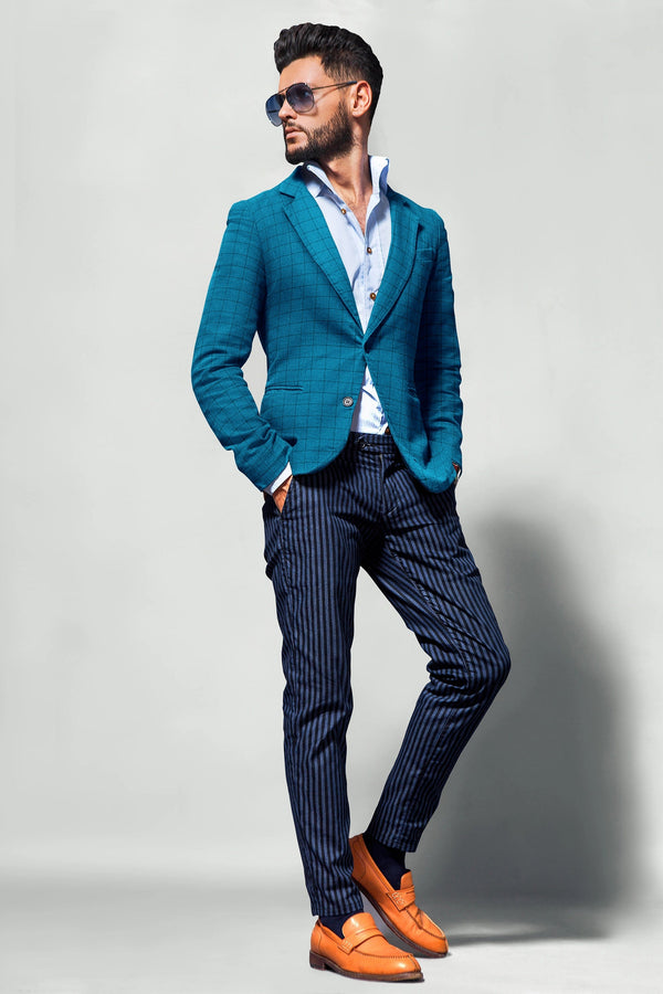 Turquoise Men's Two Button Dress Party Checks Print Suit Jacket Notched Lapel Slim Fit Stylish Blazer