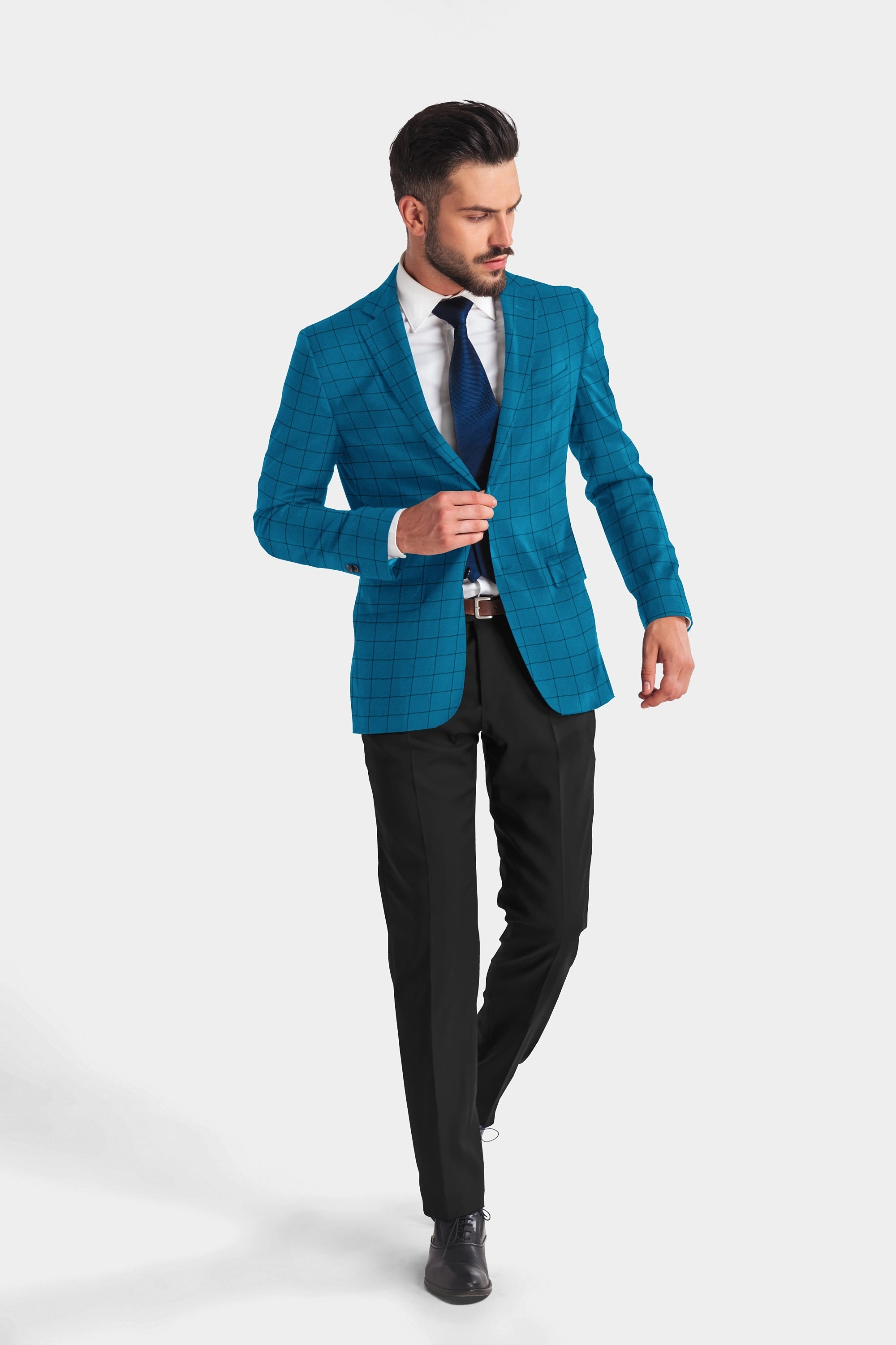 Turquoise Men's Two Button Dress Party Checks Print Suit Jacket Notched Lapel Slim Fit Stylish Blazer