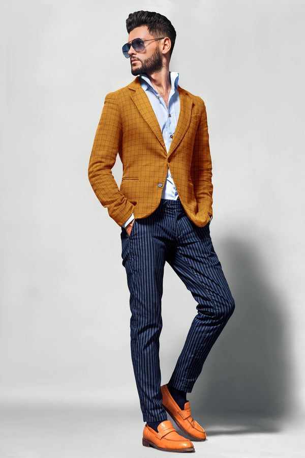 Orange Men's Two Button Dress Party Checks Print Suit Jacket Notched Lapel Slim Fit Stylish Blazer