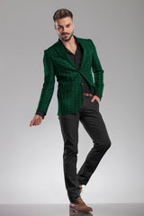 Dark Green Men's Two Button Dress Party Checks Print Suit Jacket Notched Lapel Slim Fit Stylish Blazer