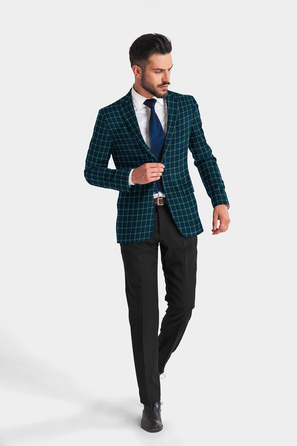 Teal Men's Two Button Dress Party Checks Print Suit Jacket Notched Lapel Slim Fit Stylish Blazer