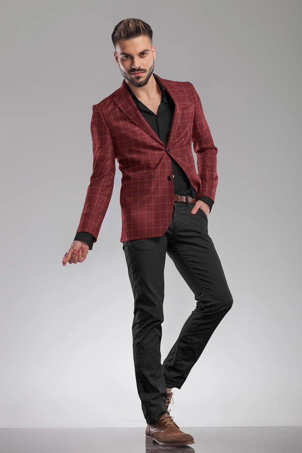 Rust Men's Two Button Dress Party Checks Print Suit Jacket Notched Lapel Slim Fit Stylish Blazer