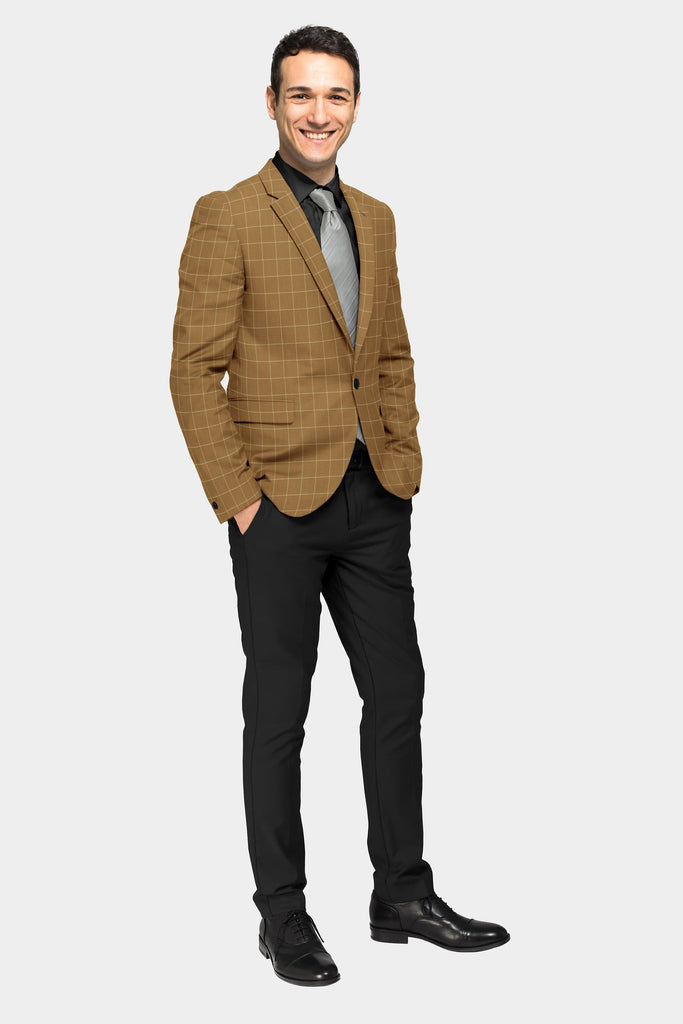 Beige Men's Two Button Dress Party Checks Print Suit Jacket Notched Lapel Slim Fit Stylish Blazer