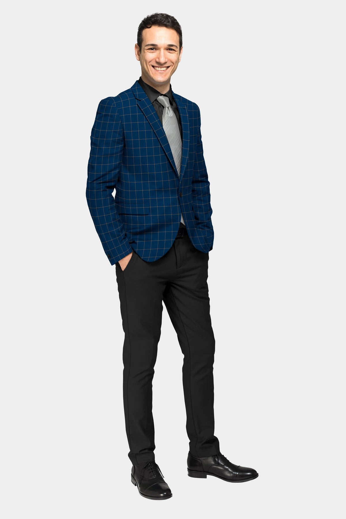 Blue Men's Two Button Dress Party Checks Print Suit Jacket Notched Lapel Slim Fit Stylish Blazer