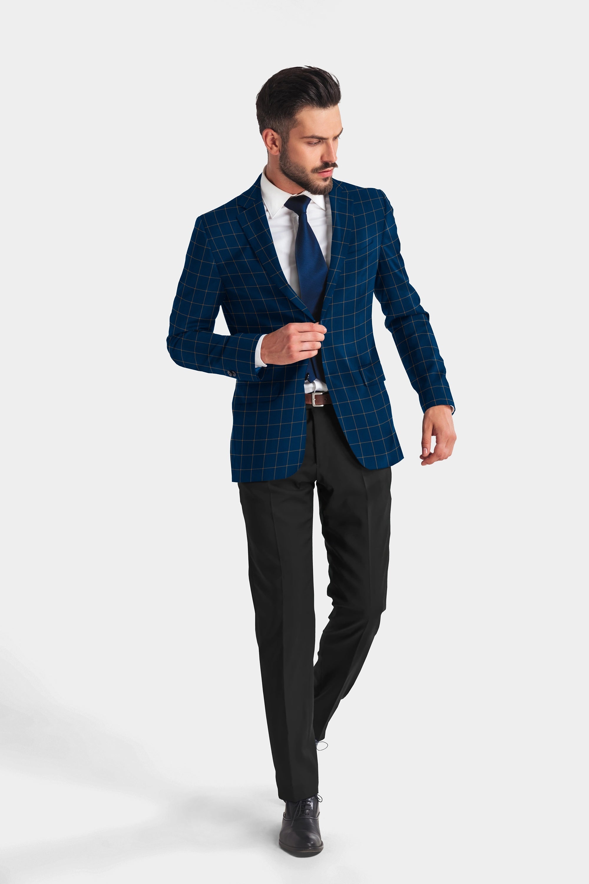 Blue Men's Two Button Dress Party Checks Print Suit Jacket Notched Lapel Slim Fit Stylish Blazer