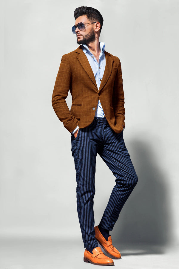 Brown Men's Two Button Dress Party Checks Print Suit Jacket Notched Lapel Slim Fit Stylish Blazer
