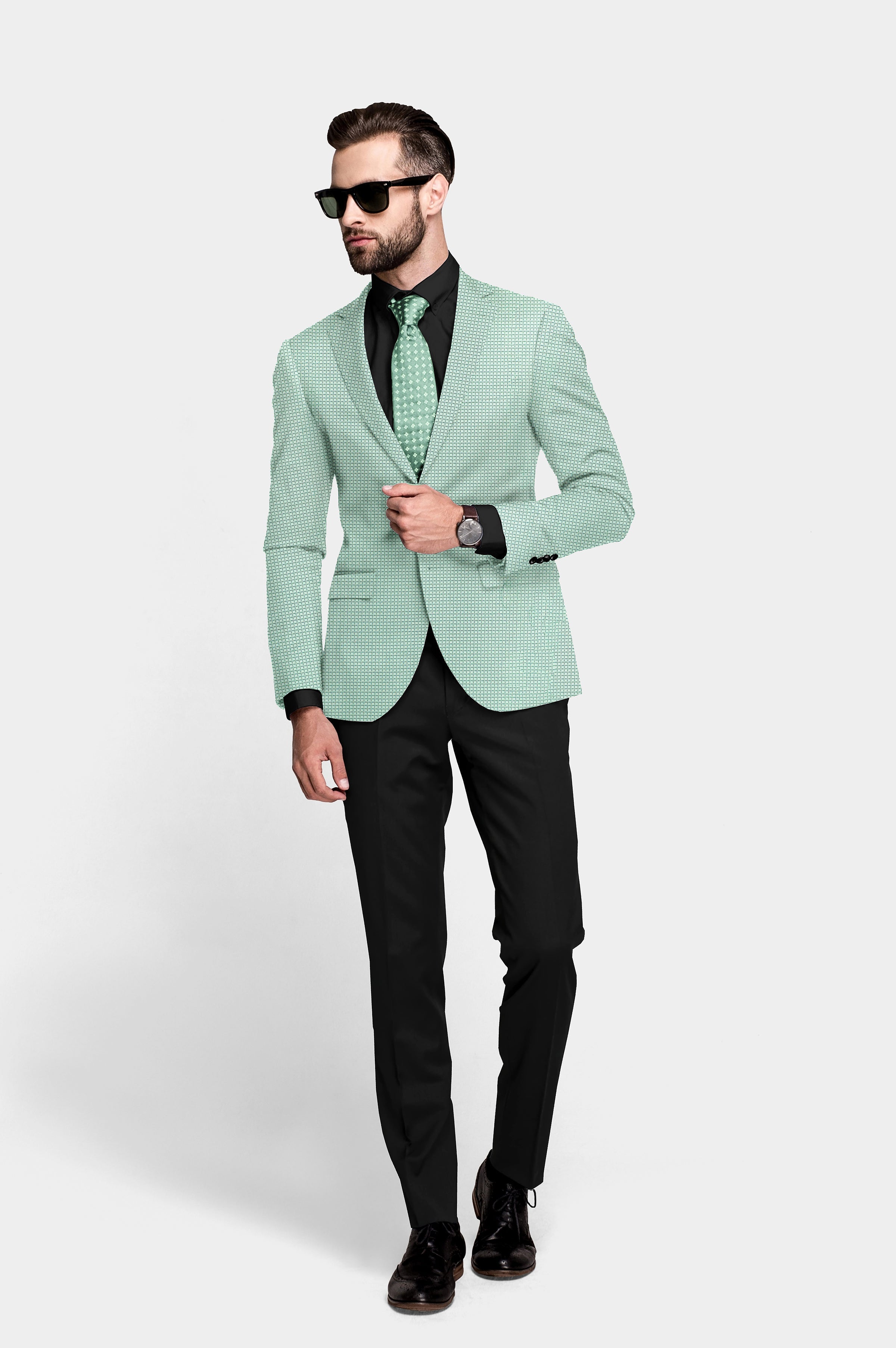 Turquoise Green Men's Party Checkered Suit Jacket Slim Fit Blazer