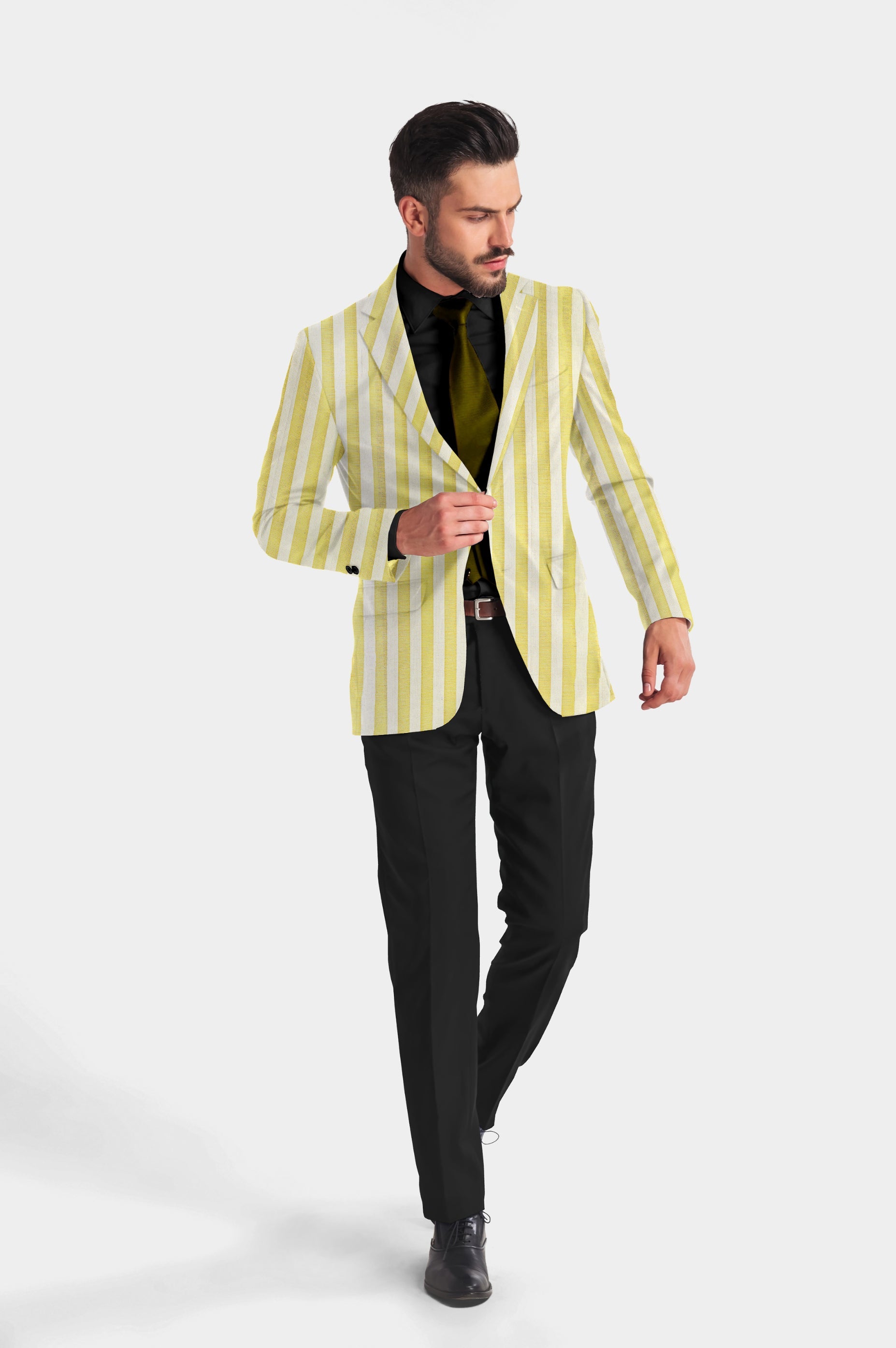 Veste de costume à rayures jaune et blanche pour homme, blazer slim fit