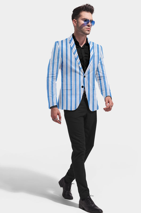 Light Blue White Men's Party Stripe Suit Jacket Slim Fit Blazer