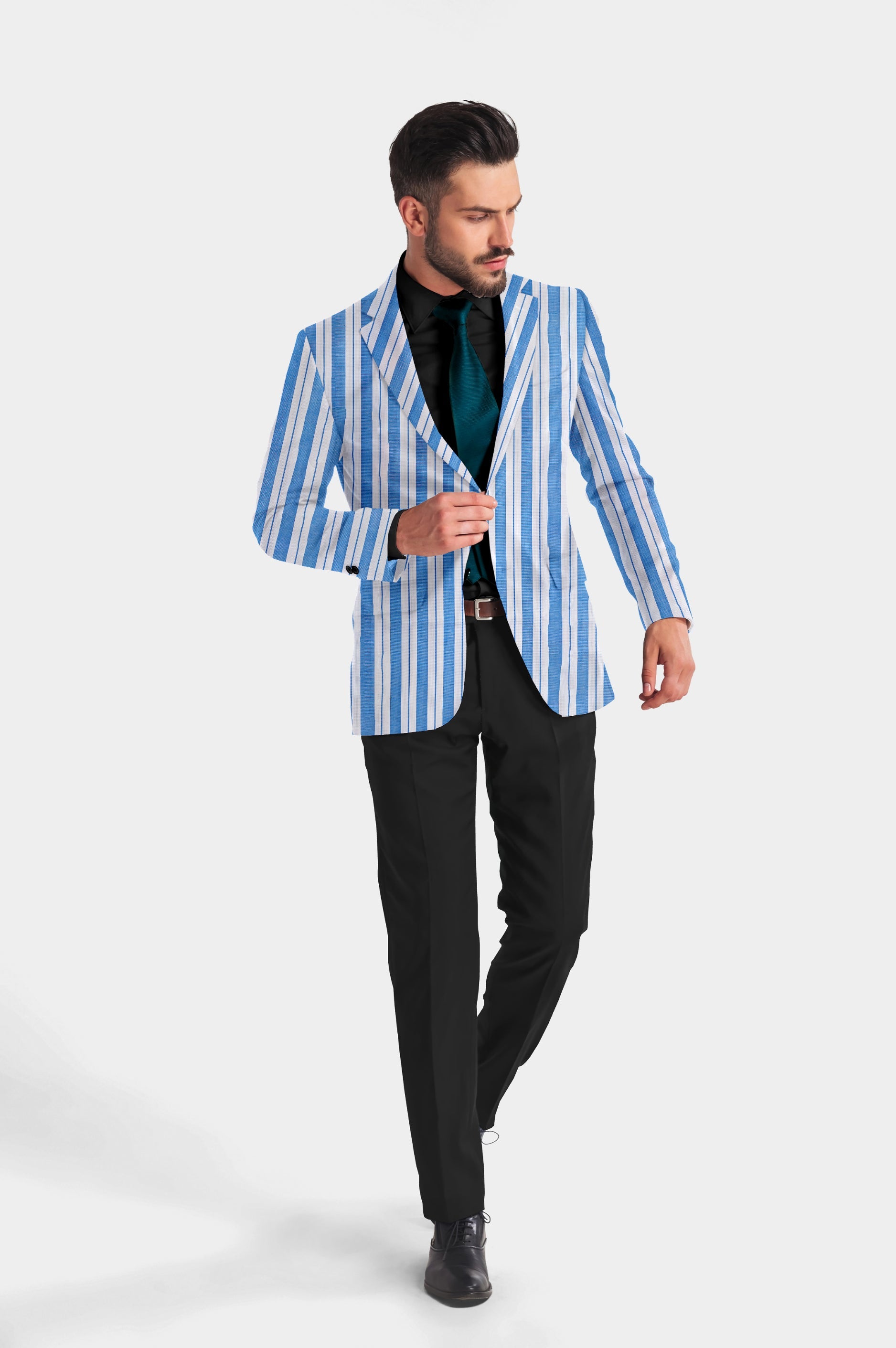 Light Blue White Men's Party Stripe Suit Jacket Slim Fit Blazer