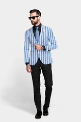 Veste de costume à rayures bleu clair et blanc pour homme, blazer slim fit