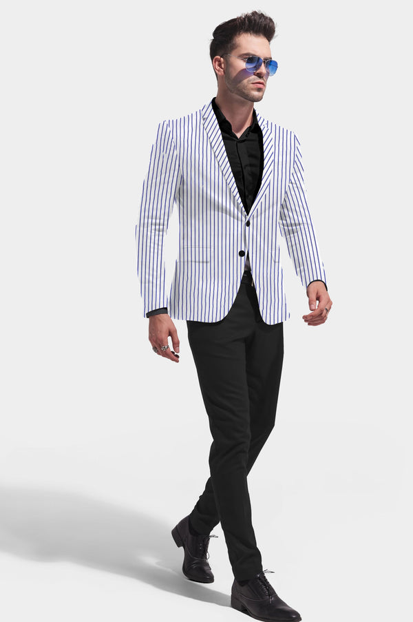 White Royal Blue Men's Party Stripe Suit Jacket Slim Fit Blazer