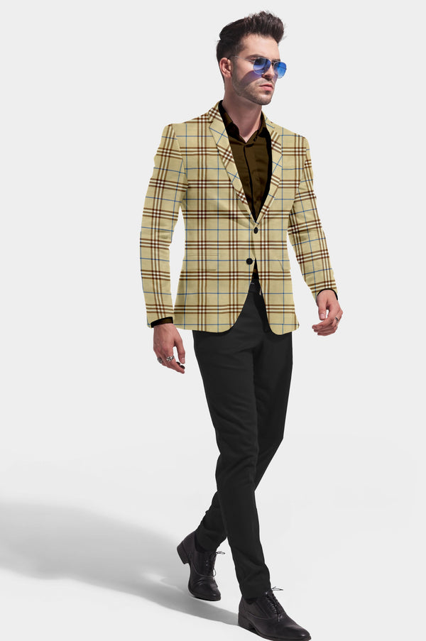 Beige Brown Men's Party Checkered Suit Jacket Slim Fit Blazer