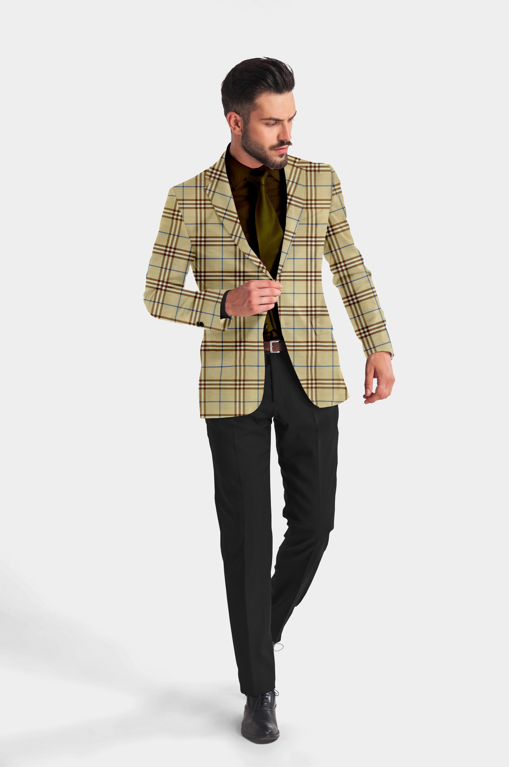 Veste de costume à carreaux beige marron pour homme, blazer slim fit