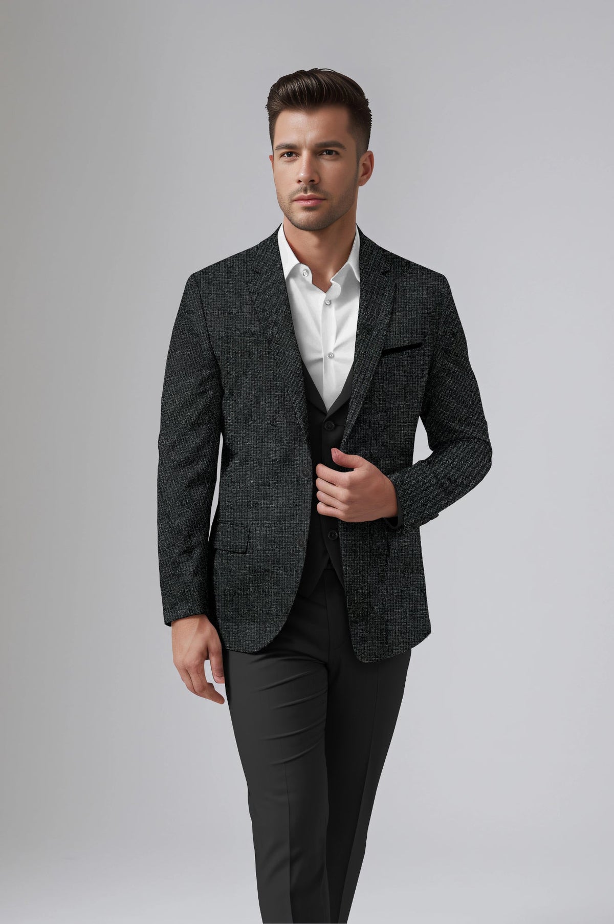 Veste de costume noire à texture de fête pour homme, blazer slim fit