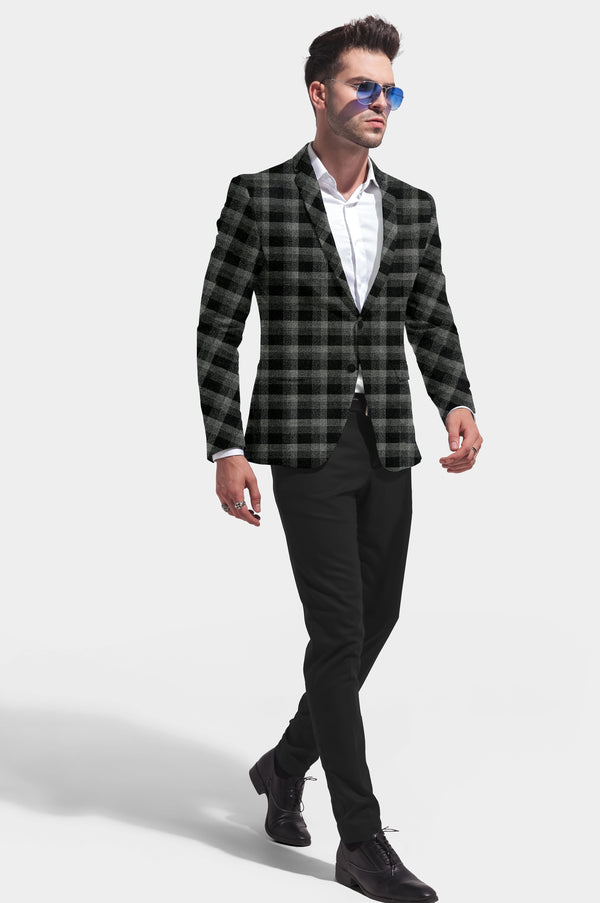 Black Grey Men's Party Checkered Suit Jacket Slim Fit Blazer